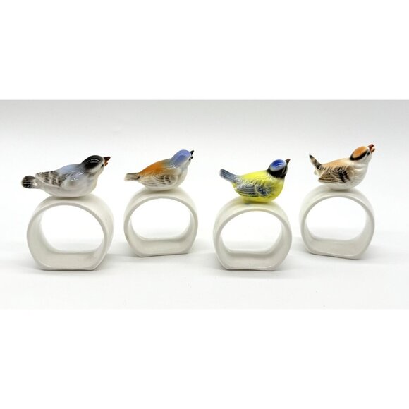 Bone China Bird Napkin Rings Set of 4 Cottage  Boho lot Sparrow Bluebird - Picture 6 of 8